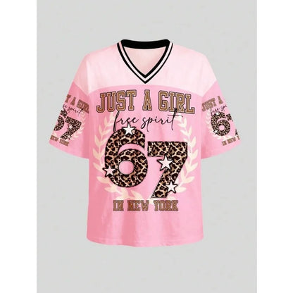 Six Seven New York Leopard Print Jersey T-Shirt Women Retro Streetwear Oversized Casual Graphic Tee
