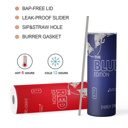 Energy Drink Slim Tumbler – 20oz Stainless Steel Cup with Straw & Lid