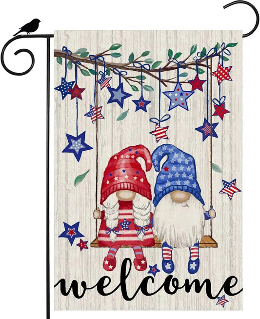 Welcome Tree Swing Gnomes Stars Patriotic America 4th of July Memorial Day Independence Day Garden Flag