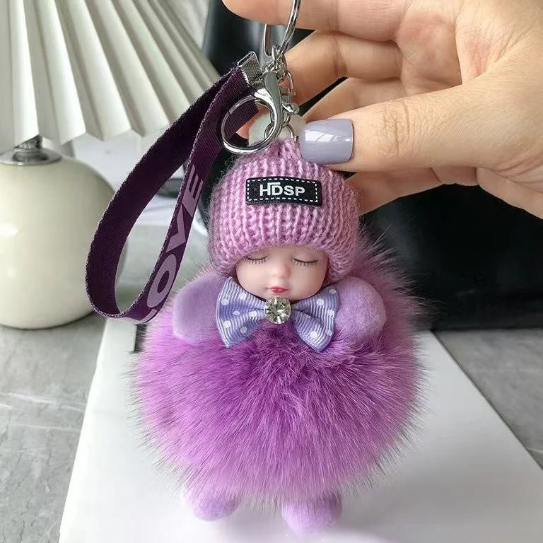 Cute Sleeping Baby Keychain – Fluffy Pom Pom Doll Bag Charm