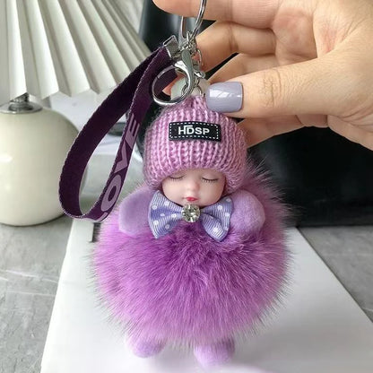 Cute Sleeping Baby Keychain – Fluffy Pom Pom Doll Bag Charm
