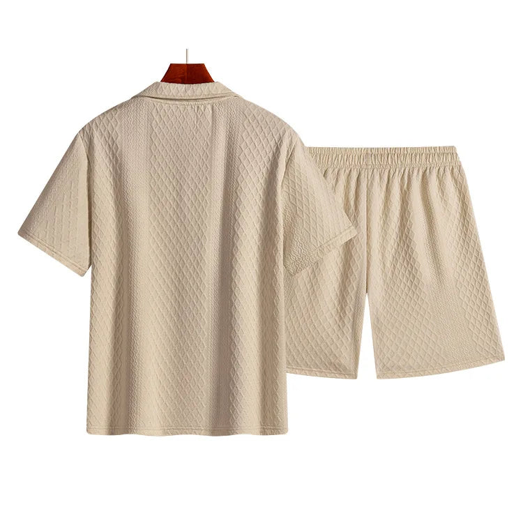 Men’s Luxury Textured Tracksuit Set – Short Sleeve Polo & Shorts Outfit