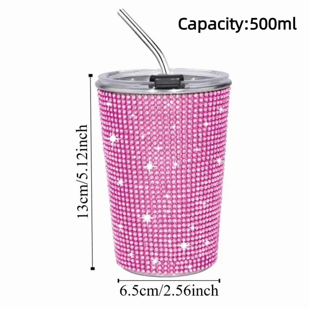 500ml Rhinestone Stainless Steel Water Bottle with Straw Luxury Sparkling Cup