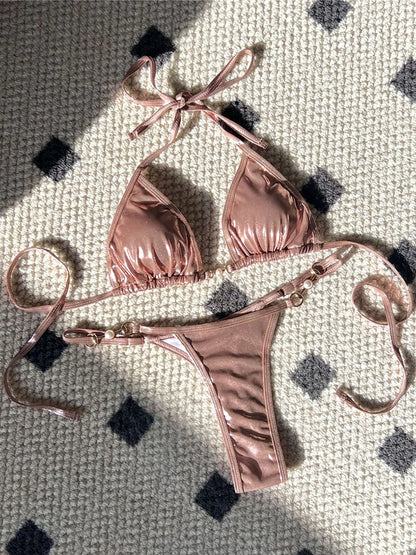 PU Faux Leather Halter Thong Bikini Set Women Two Piece Swimsuit Y2K Festival Swimwear