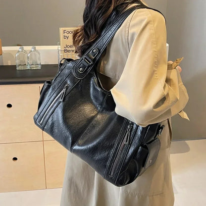 Vintage Leather Tote Shoulder Bag – Large Capacity Crossbody Handbag for Women