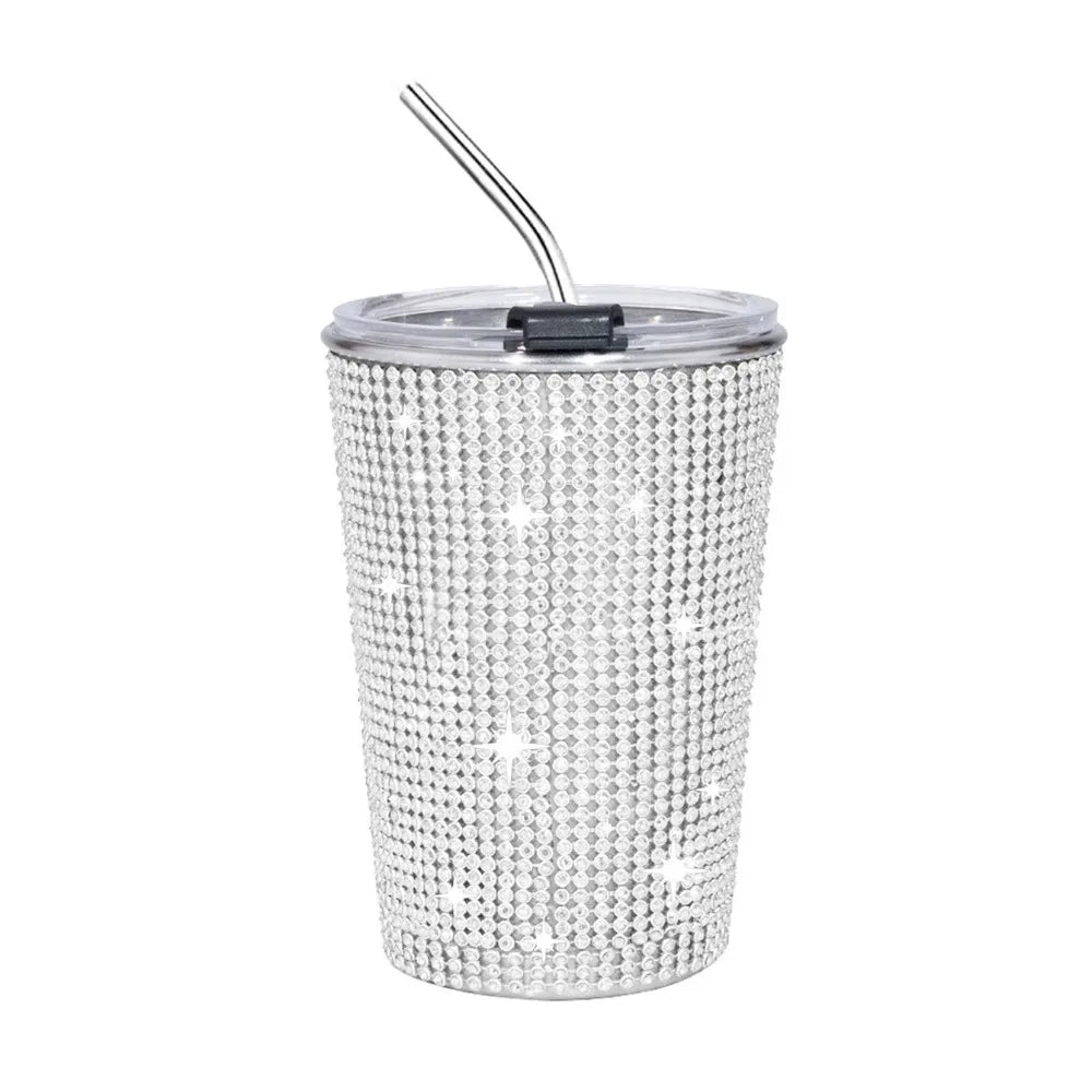 500ml Rhinestone Stainless Steel Water Bottle with Straw Luxury Sparkling Cup