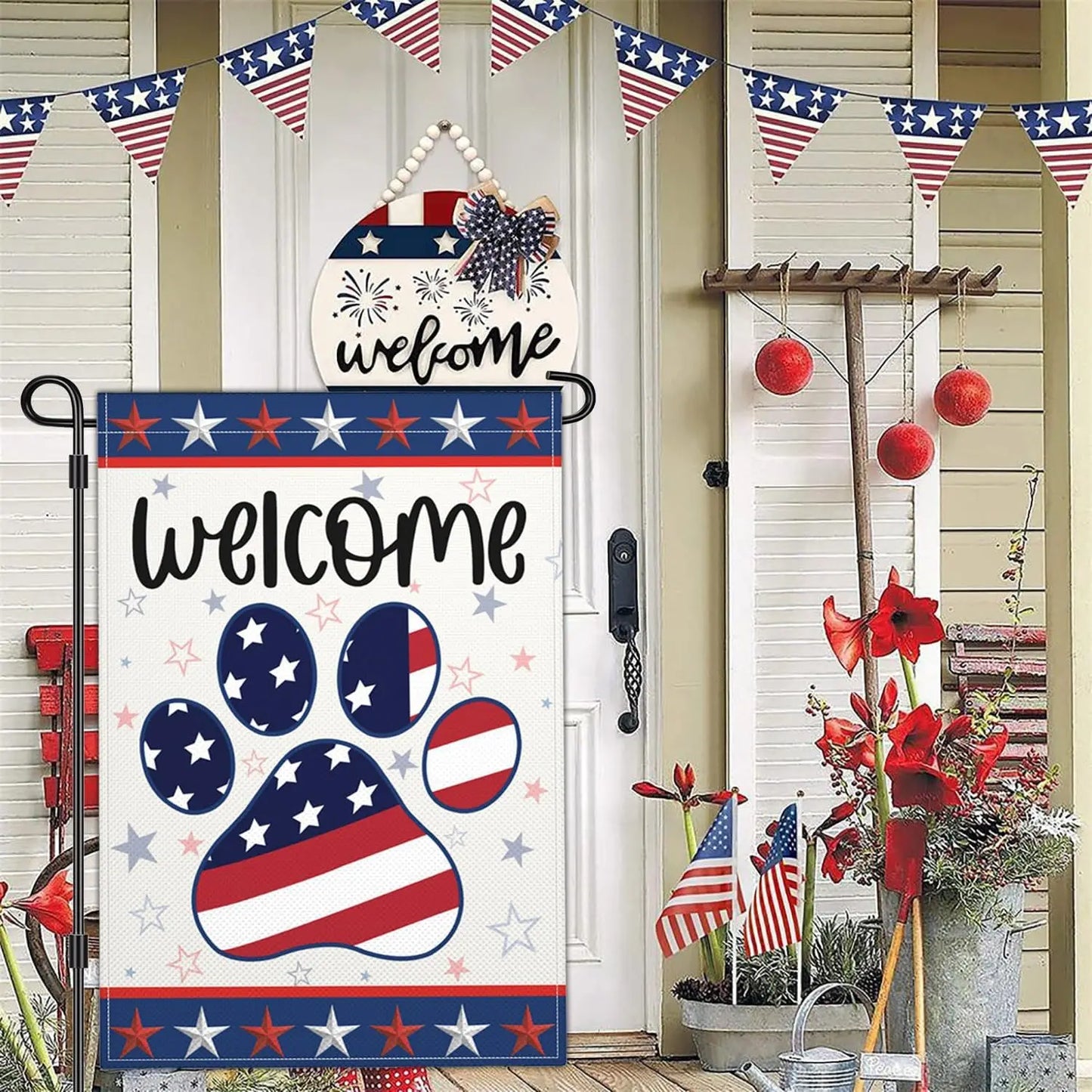 4th of July Garden Flag Dog Paw Prints Independence Memorial Day Patriotic Garden Flags for Outside 12x18 Inch Double Sided