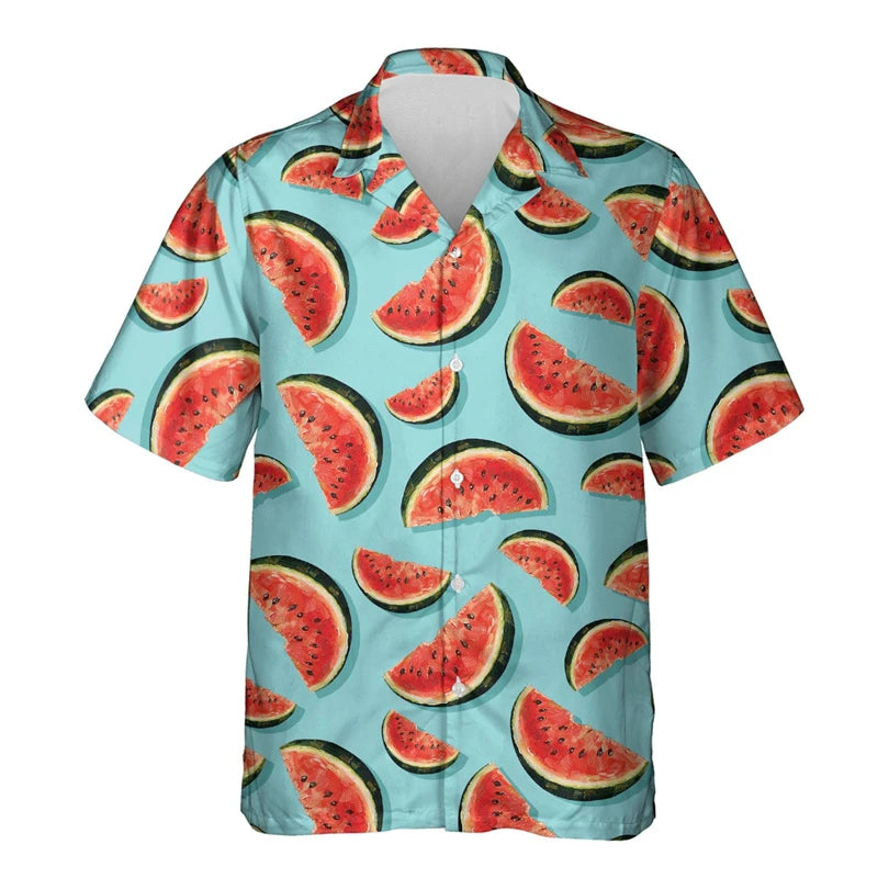Watermelon Graphic Hawaiian Shirt 3D Fruit Print Summer Button Up Top
