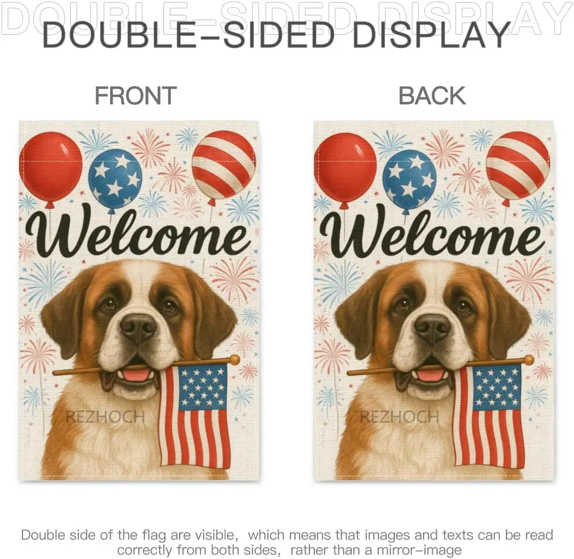 4th of July Patriotic Garden Flag Welcome Funny Saint Bernard Dog Independence Memorial Day Yard Flags for Outside