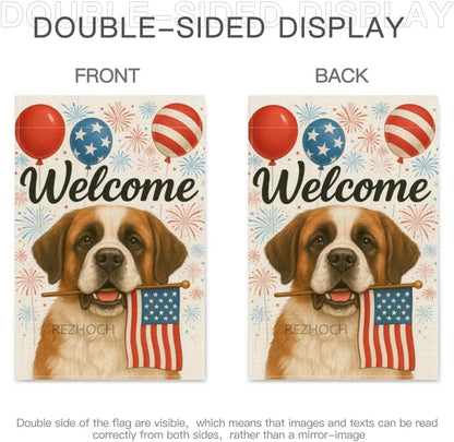 4th of July Patriotic Garden Flag Welcome Funny Saint Bernard Dog Independence Memorial Day Yard Flags for Outside
