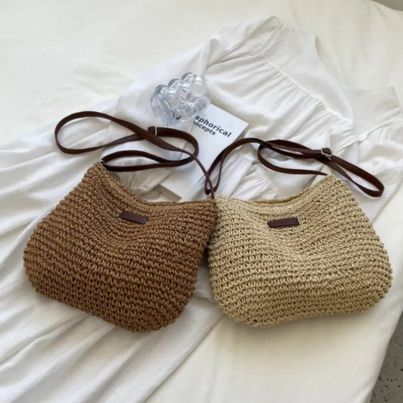 Boho Straw Crossbody Bag – Woven Rattan Shoulder Purse for Women Summer Style