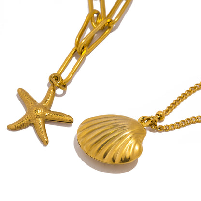 Gold Layered Seashell & Starfish Pendant Necklace