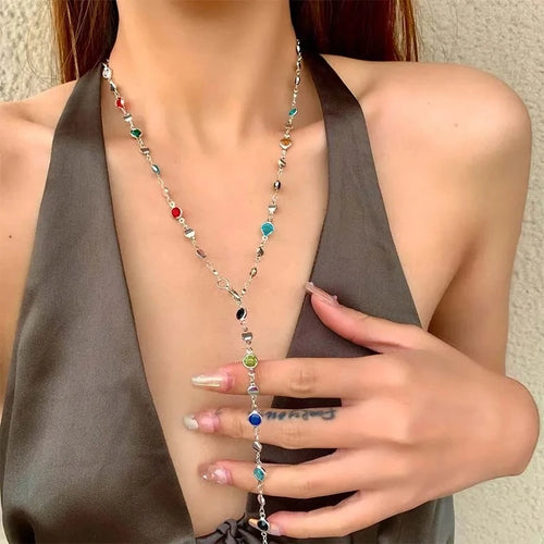 Colorful Crystal Y Necklace – Boho Layered Drop Necklace for Women Trendy Jewelry