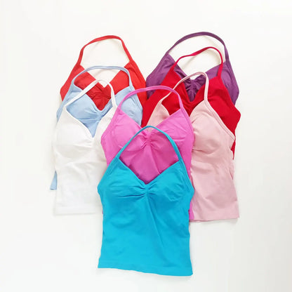 Pink Halter Neck Ruched Active Tank Top