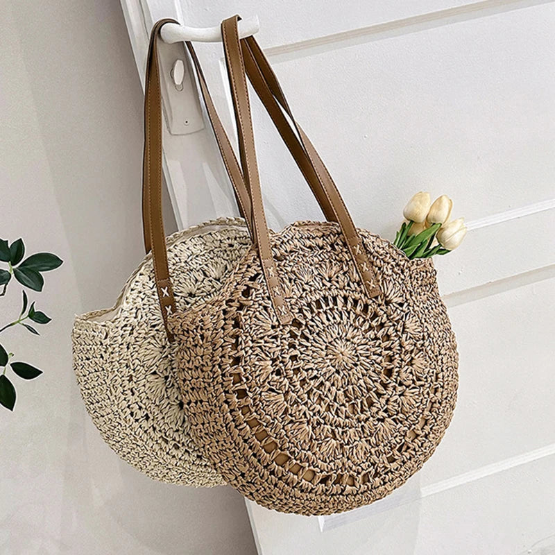 Boho Round Straw Tote Bag – Handmade Crochet Shoulder Beach Bag for Women