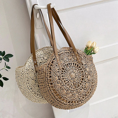 Boho Round Straw Tote Bag – Handmade Crochet Shoulder Beach Bag for Women