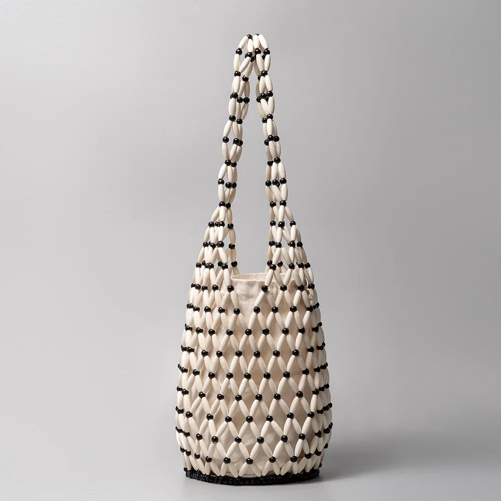 Woven Net Tote Bag with Wooden Beads | Summer Boho Beach Handbag