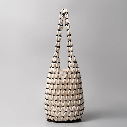 Woven Net Tote Bag with Wooden Beads | Summer Boho Beach Handbag