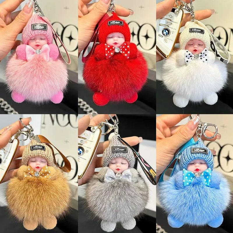 Cute Sleeping Baby Keychain – Fluffy Pom Pom Doll Bag Charm