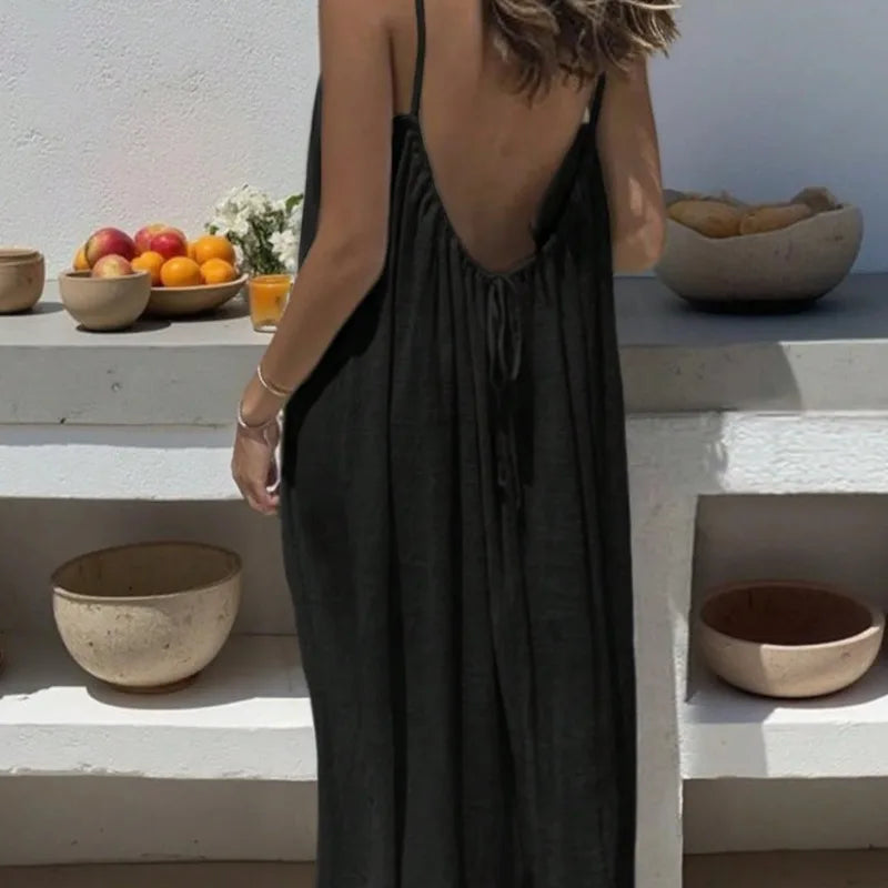 2026 Solid Color Vacation Cool Homewear Loose-Fit Spaghetti Strap Dress Women's Casual Homewear Summer Dress