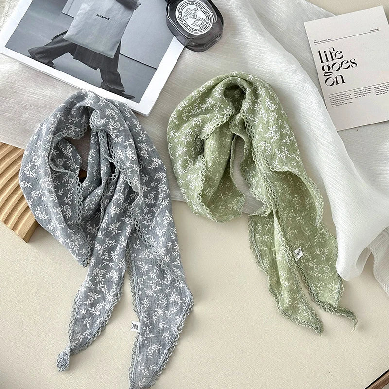 Retro Lace Scarf Sweet Flower Triangle Hair Scarf for Women Hair Band Thin Vintage Kerchief Bohe Flower Ribbon Travel Headwear ﻿