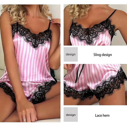 Sexy Satin Lace Pajama Set – Women’s Sleeveless Cami Sleepwear