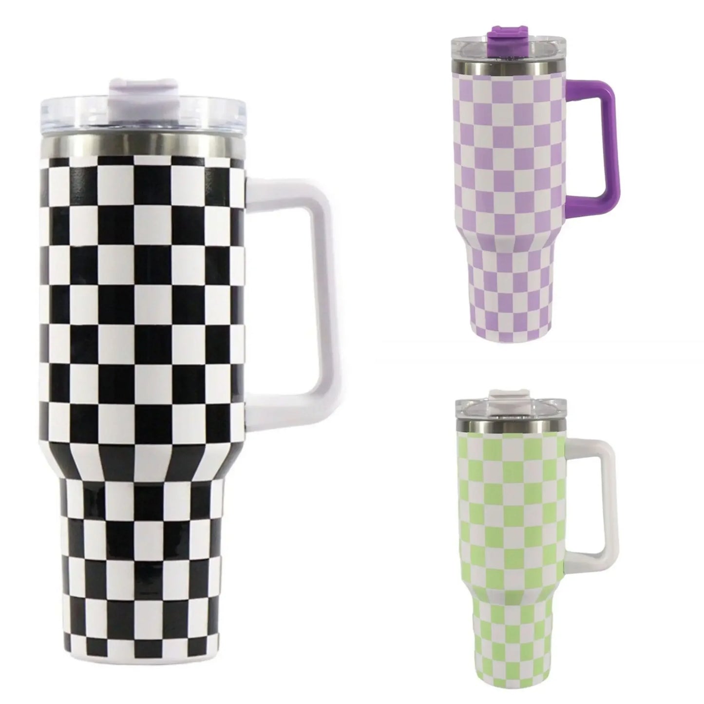 40oz Checkered Stainless Steel Tumbler with Handle Insulated Travel Mug