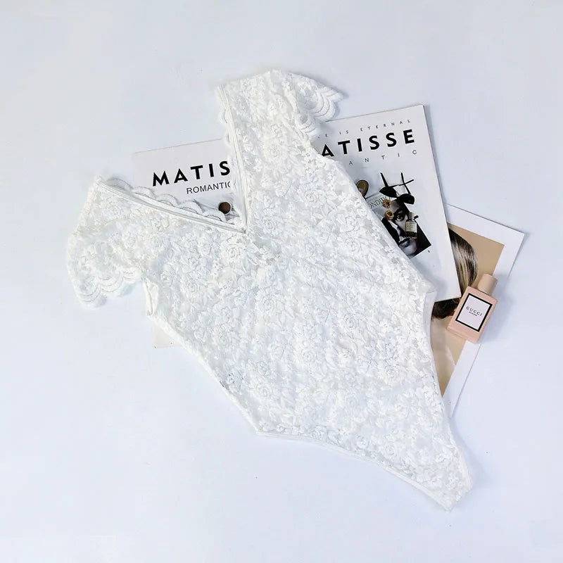 Womens Summer Solid Color Lace Embroidery Floral See-Through V Backless Onesie Elegant Bodysuits Night Club Party Leotards Tops