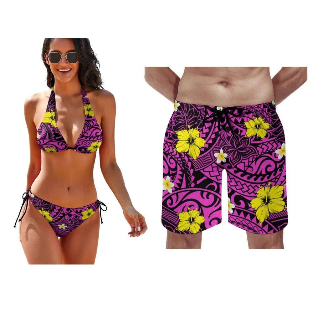 Matching Couple Hawaiian Swimwear Set – Tropical Bikini & Men’s Beach Shorts