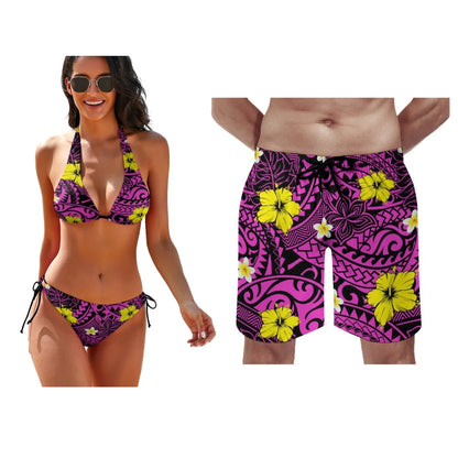 Matching Couple Hawaiian Swimwear Set – Tropical Bikini & Men’s Beach Shorts