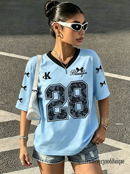 2026 Speed 23 Oversized Jersey T-Shirt Women Y2K Sport Style V-Neck Summer Streetwear Graphic Tee