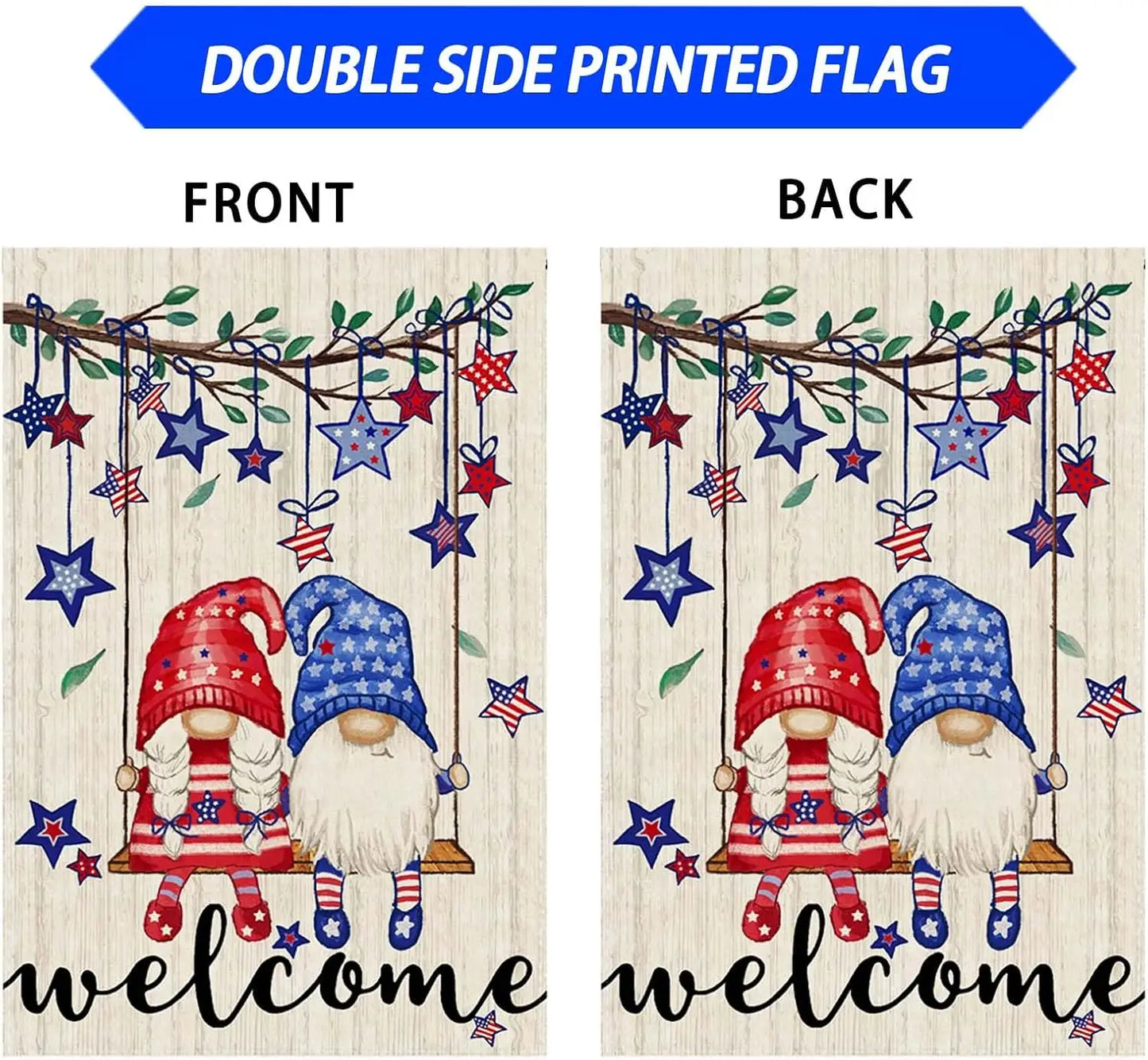 Welcome Tree Swing Gnomes Stars Patriotic America 4th of July Memorial Day Independence Day Garden Flag