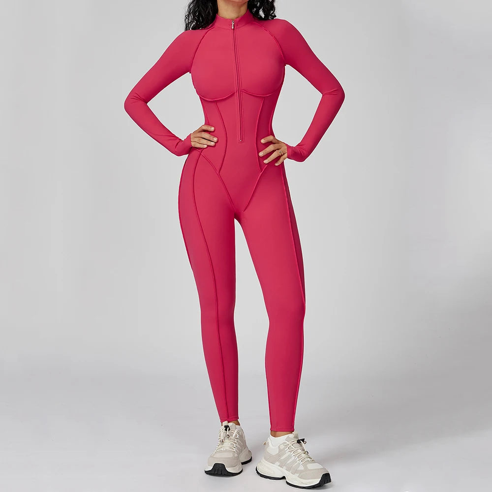 Chocolate Brown Sculpting Zip-Front Long Sleeve Jumpsuit