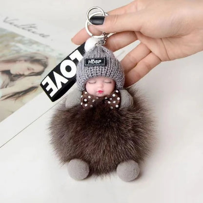 Cute Sleeping Baby Keychain – Fluffy Pom Pom Doll Bag Charm