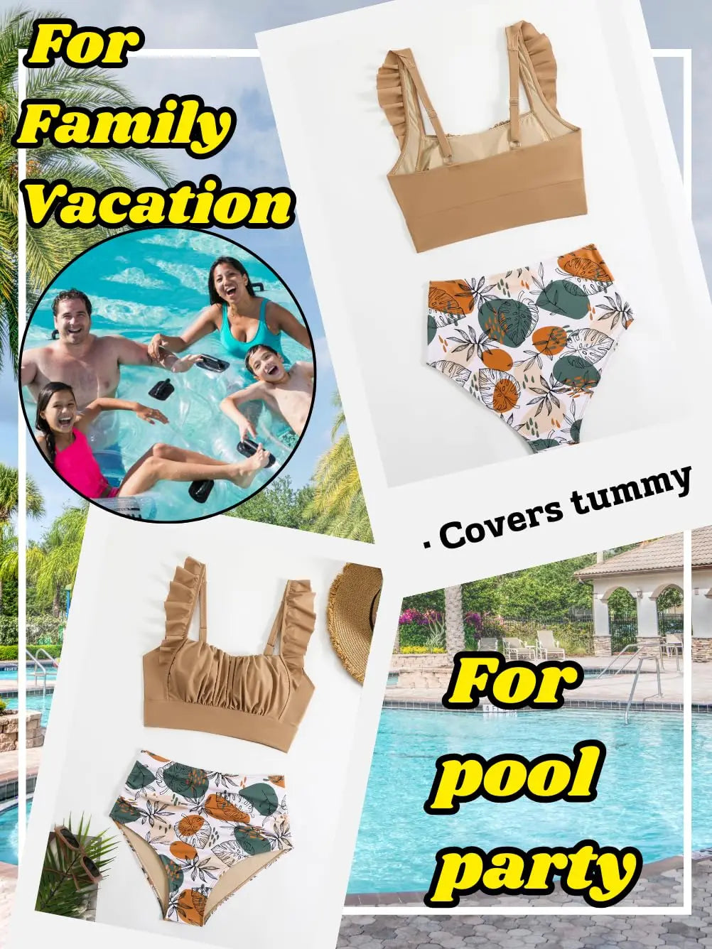Floral Ruffle High Waisted Bikini Set Women Tummy Control Modest Swimwear