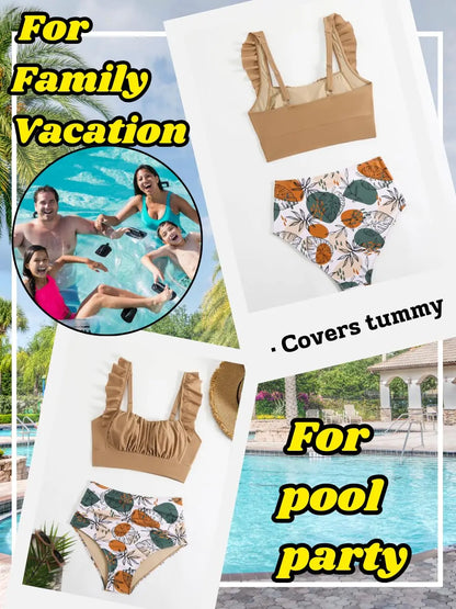Floral Ruffle High Waisted Bikini Set Women Tummy Control Modest Swimwear