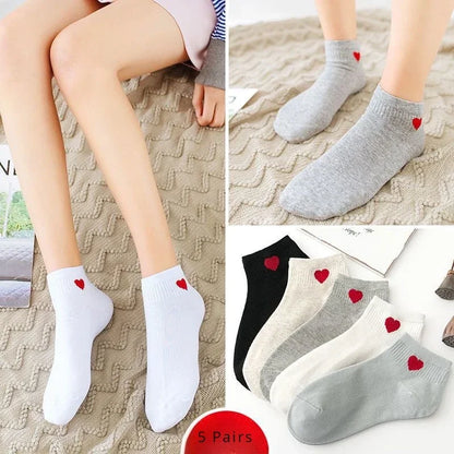 Cute Heart Ankle Socks – Women’s Kawaii White Cotton Sock Set