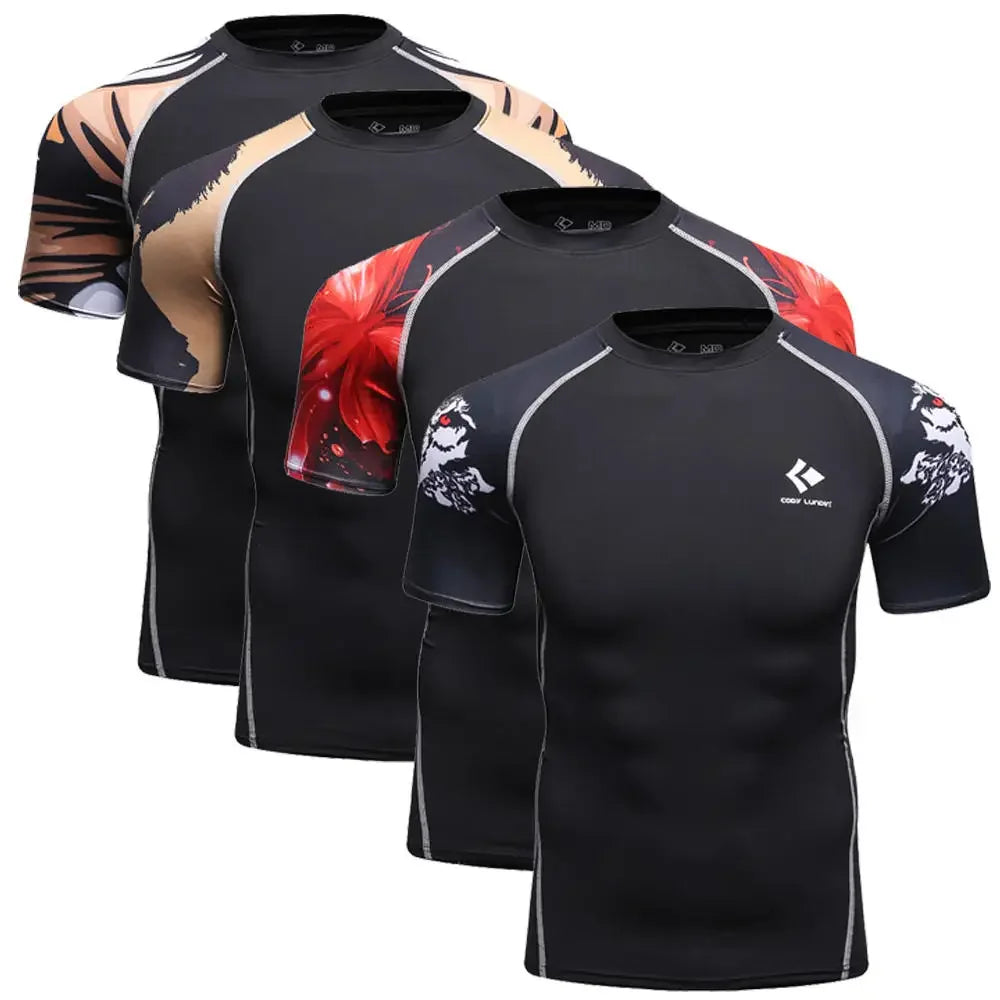 BJJ Rash Guard Men Short Sleeve MMA Compression Shirt No Gi Training Top