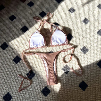 PU Faux Leather Halter Thong Bikini Set Women Two Piece Swimsuit Y2K Festival Swimwear