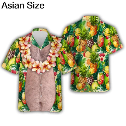 Funny Big Belly Hawaiian Shirt Y2K Tropical Vacation Button Down Top