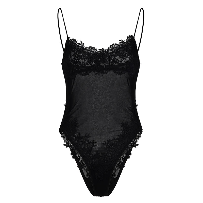Lace Trim Mesh Bodysuit – Sheer V-Neck Sleeveless Romper