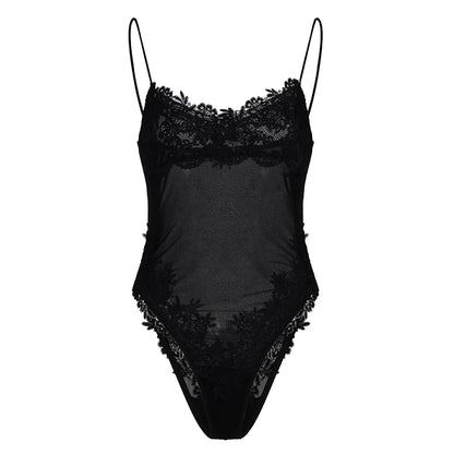 Lace Trim Mesh Bodysuit – Sheer V-Neck Sleeveless Romper