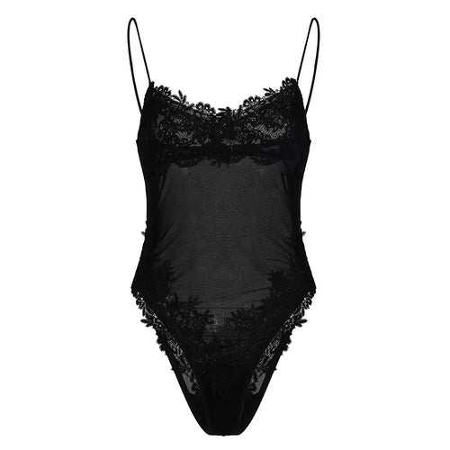 Lace Trim Mesh Bodysuit – Sheer V-Neck Sleeveless Romper