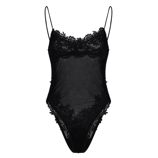 Lace Trim Mesh Bodysuit – Sheer V-Neck Sleeveless Romper