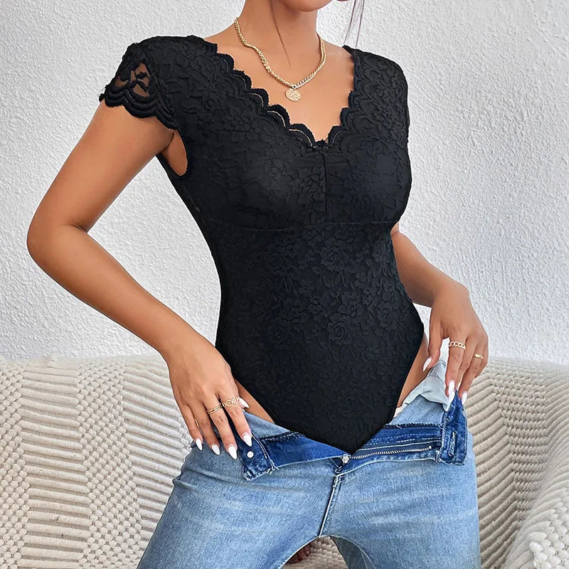 Womens Summer Solid Color Lace Embroidery Floral See-Through V Backless Onesie Elegant Bodysuits Night Club Party Leotards Tops
