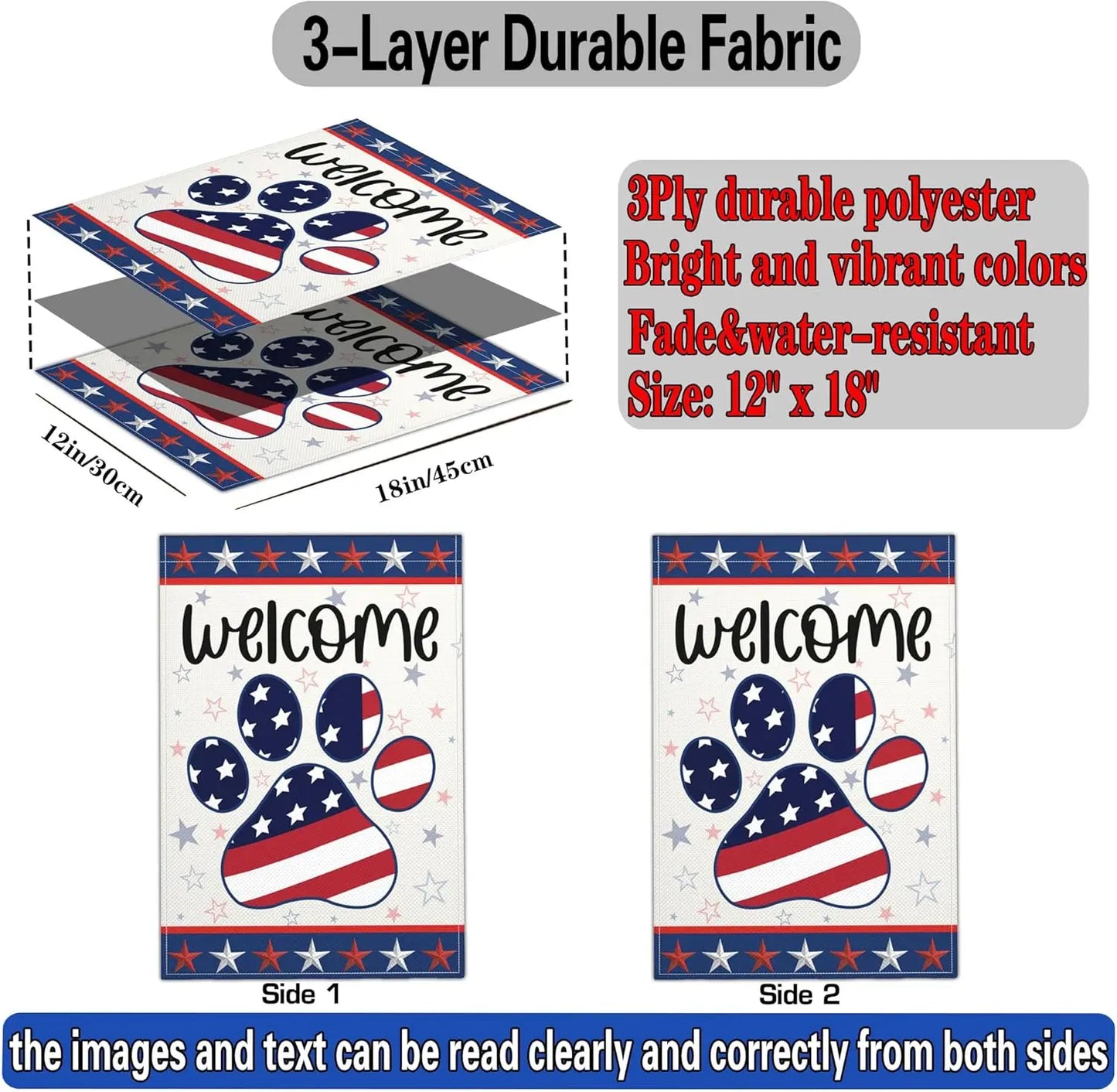 4th of July Garden Flag Dog Paw Prints Independence Memorial Day Patriotic Garden Flags for Outside 12x18 Inch Double Sided