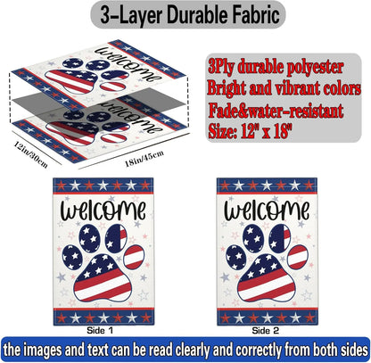 4th of July Garden Flag Dog Paw Prints Independence Memorial Day Patriotic Garden Flags for Outside 12x18 Inch Double Sided