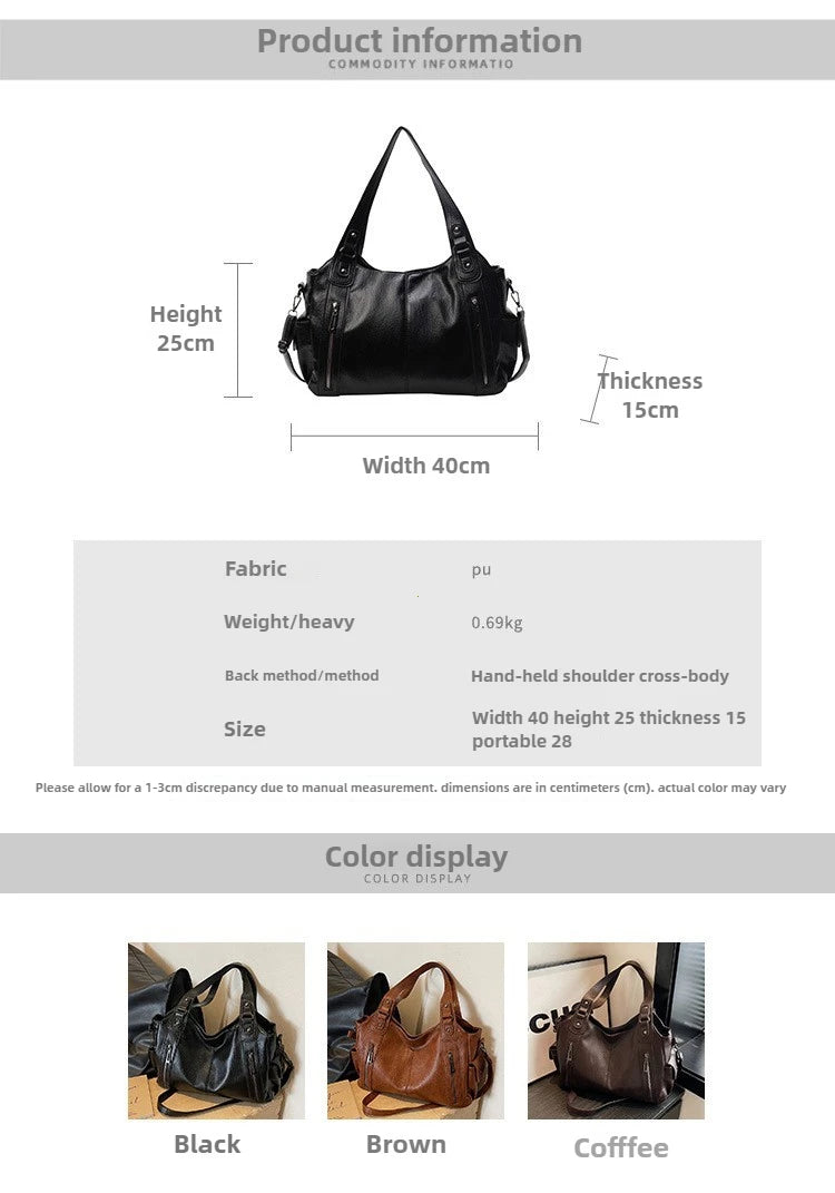 Vintage Leather Tote Shoulder Bag – Large Capacity Crossbody Handbag for Women