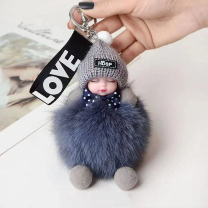 Cute Sleeping Baby Keychain – Fluffy Pom Pom Doll Bag Charm