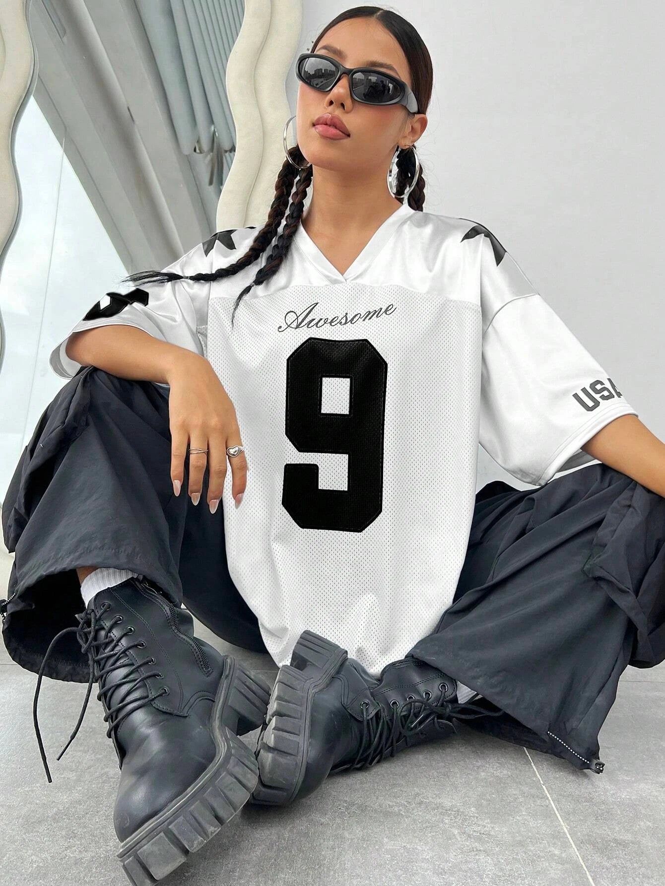 2026 New York No.9 Oversized Jersey T-Shirt Women V-Neck Sport Style Breathable Summer Streetwear Tee
